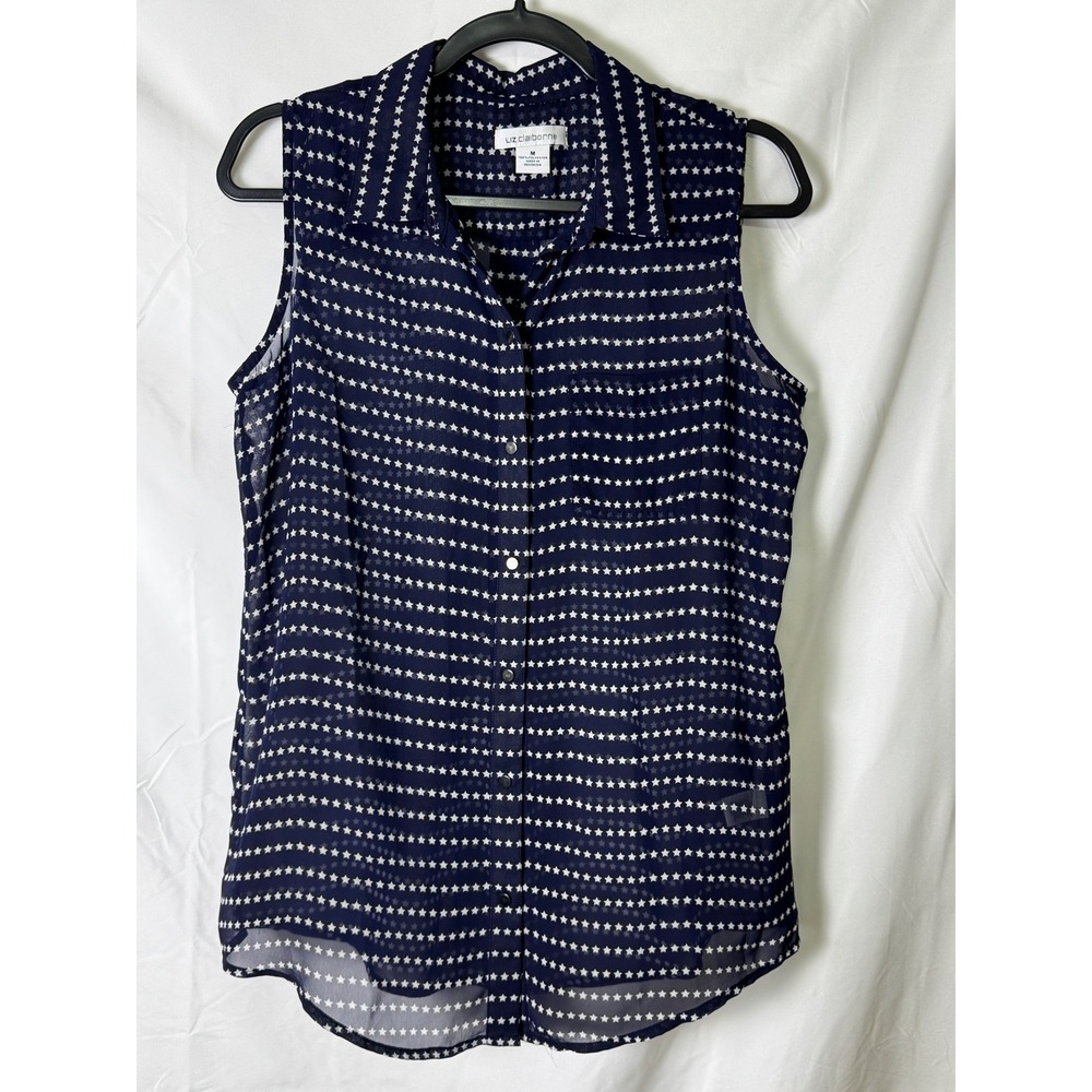 Liz Claiborne Womens Navy Blue White Star Print Sleeveless Button Down Blouse M
